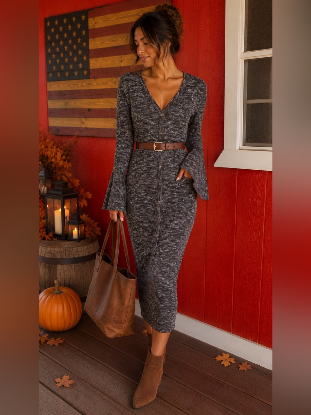 Lulu's Charcoal Button-Front Knit Midi Dress